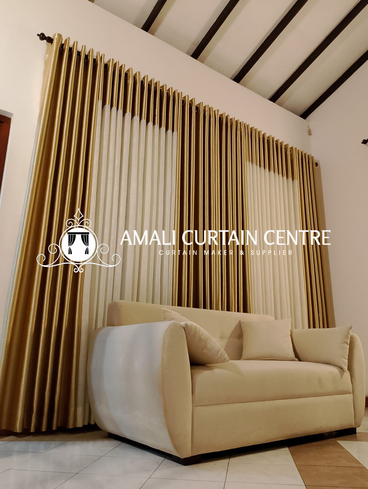 Living room curtains installed by Amali Curtain Center